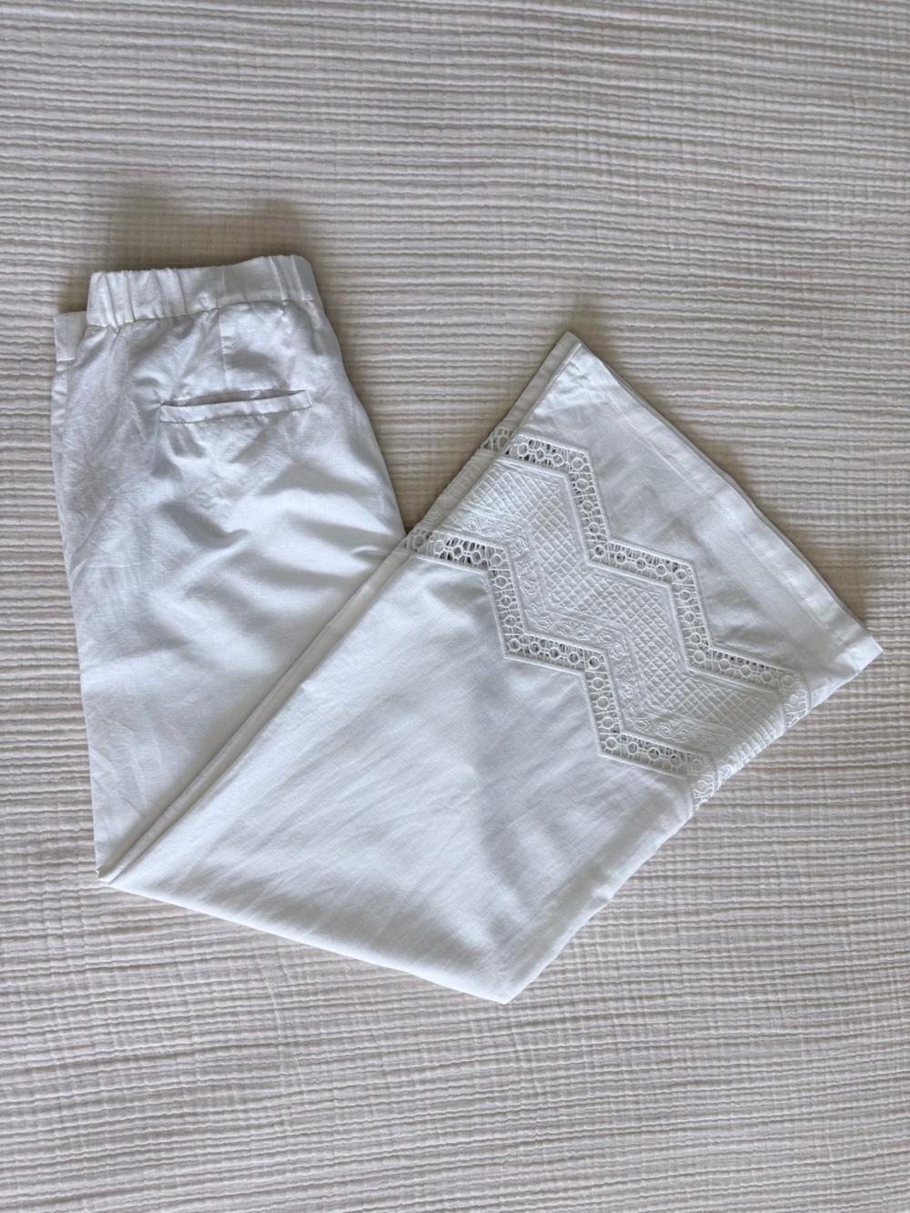 Anthropologie Elevenses Openwork Crochet Wide Leg Linen Pants White Size 2 EUC